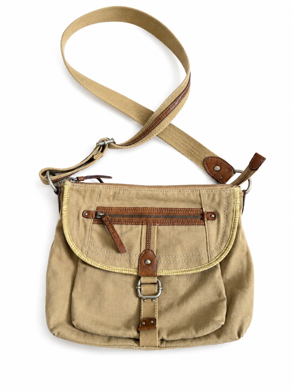 Fossil Tan Canvas Crossbody with Brown Leather Trim